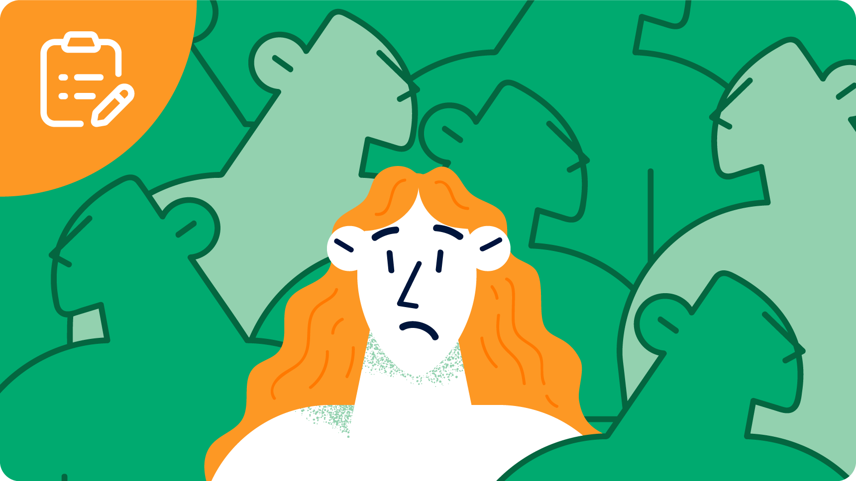 多くの人のシルエットに囲まれ悩む女性のイラスト