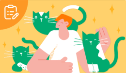猫に囲まれて微笑んでいる男性のイラスト