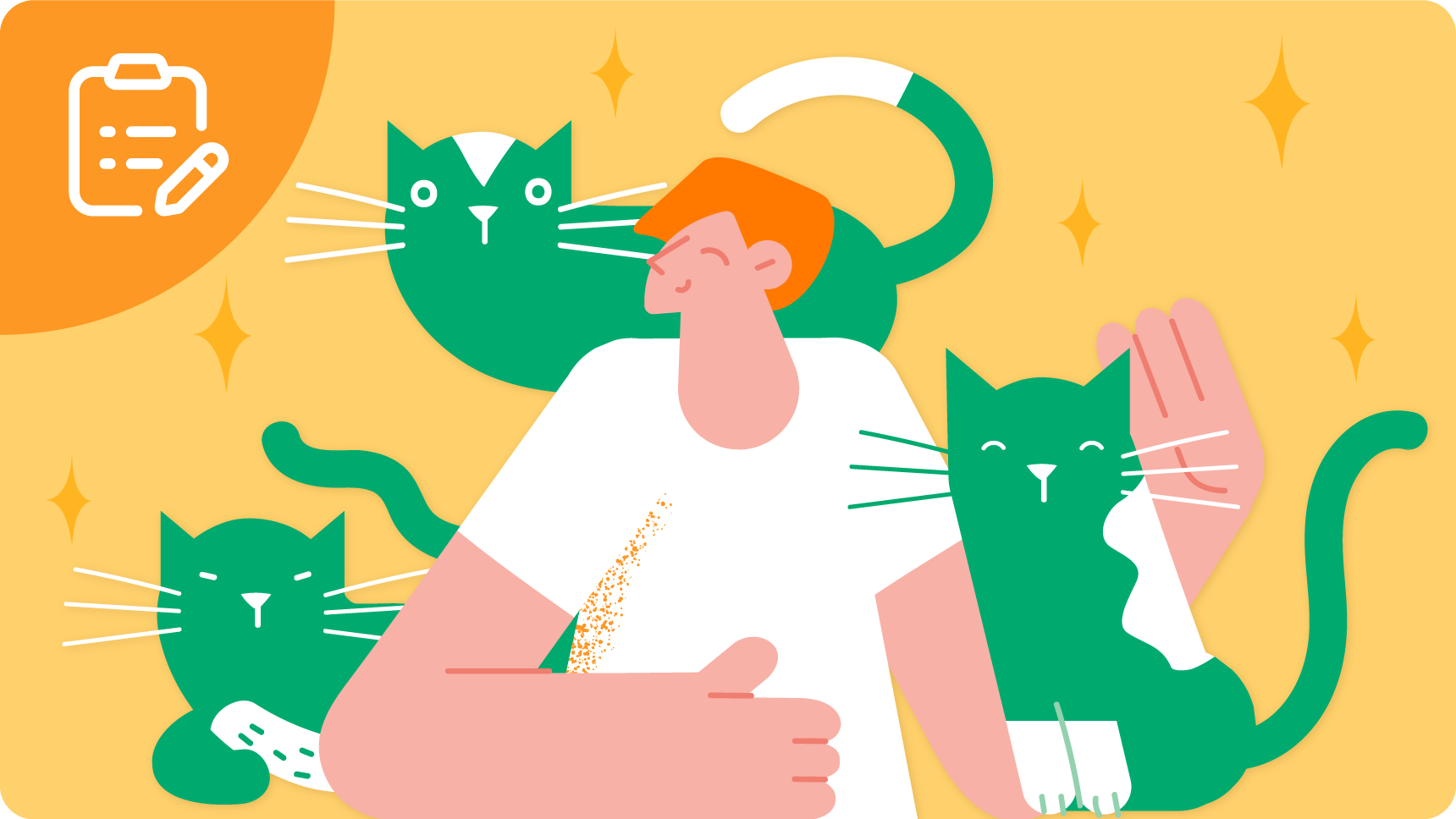 猫に囲まれて微笑んでいる男性のイラスト