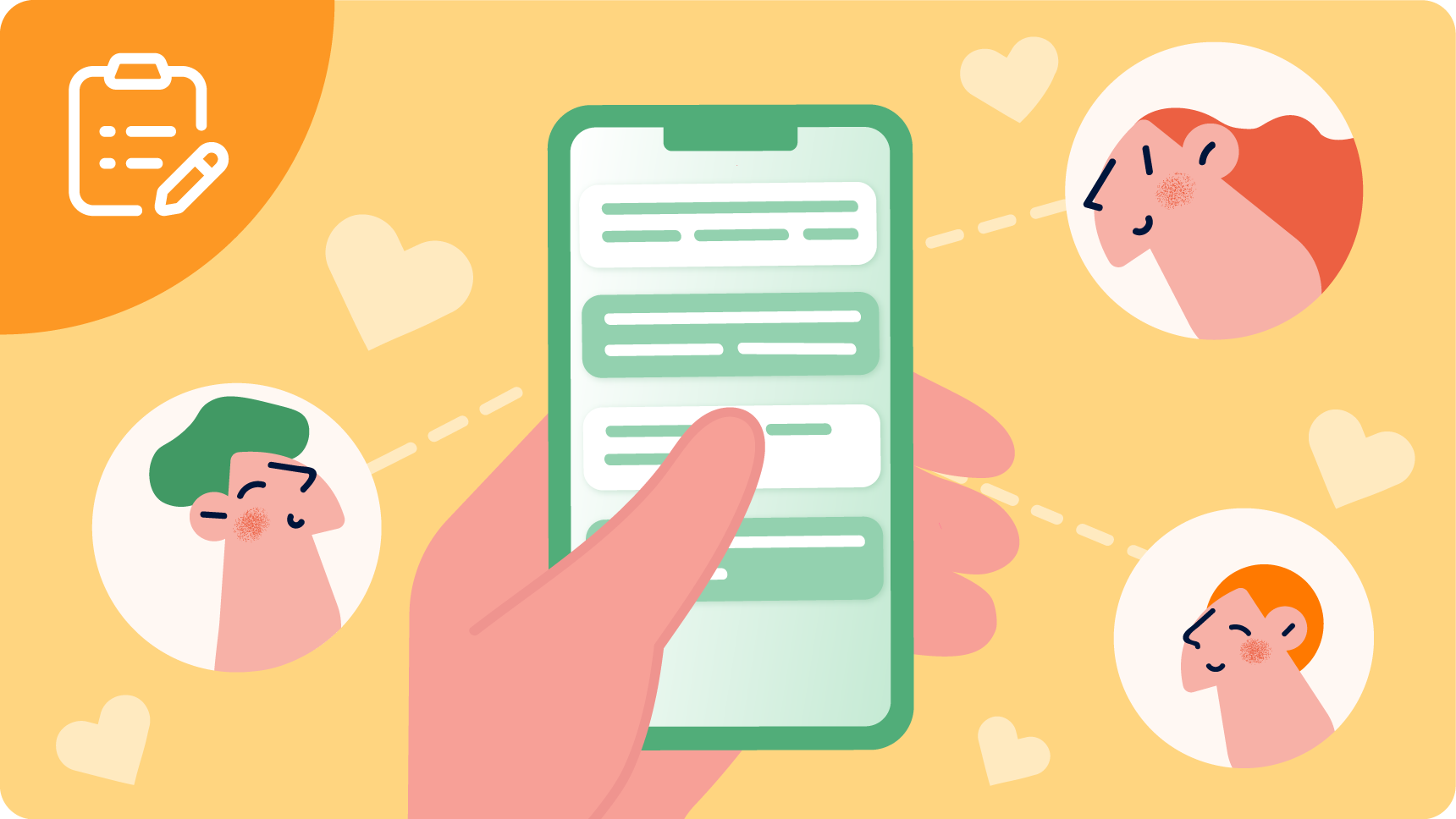 スマホが中央にあり、3人の男性からアピールを受けている手元のイラスト