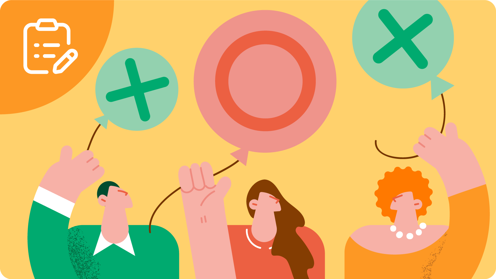 3人の人物がそれぞれ異なるマークのついた風船を持っている様子を描いたイラスト