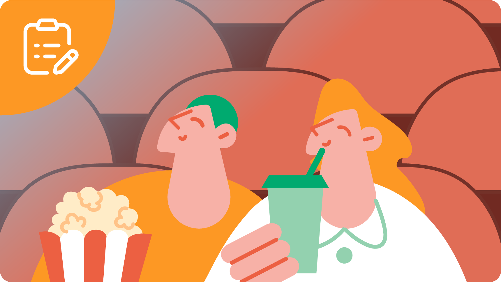 デートで映画を楽しむカップルのイラスト