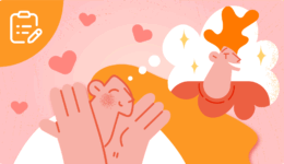 男性を思い浮かべ嬉しそうな女性のイラスト。周りにハートが飛んでいる。