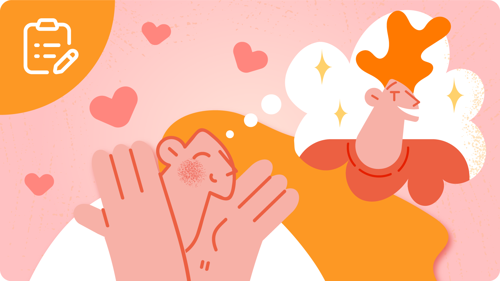 男性を思い浮かべ嬉しそうな女性のイラスト。周りにハートが飛んでいる。