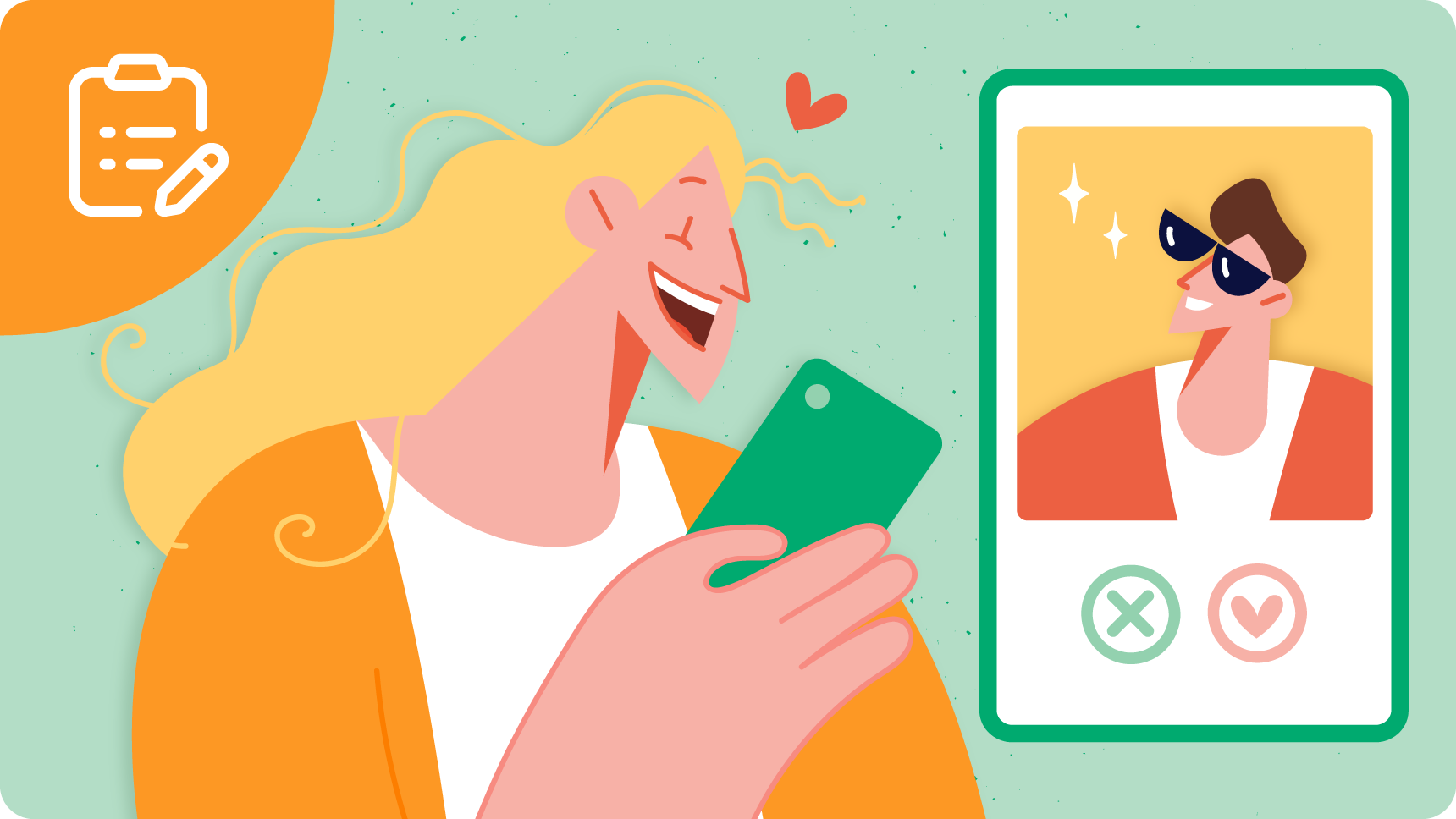 マッチングアプリでプロフィール写真を見て相手を判断する女性のイラスト