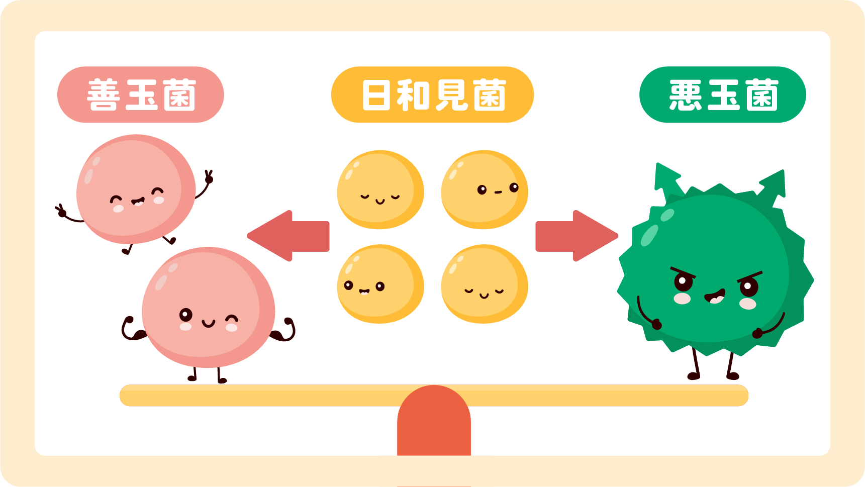 善玉金、日和見菌、悪玉菌を2:7:1の割合でバランスを保っているのを示すイラスト